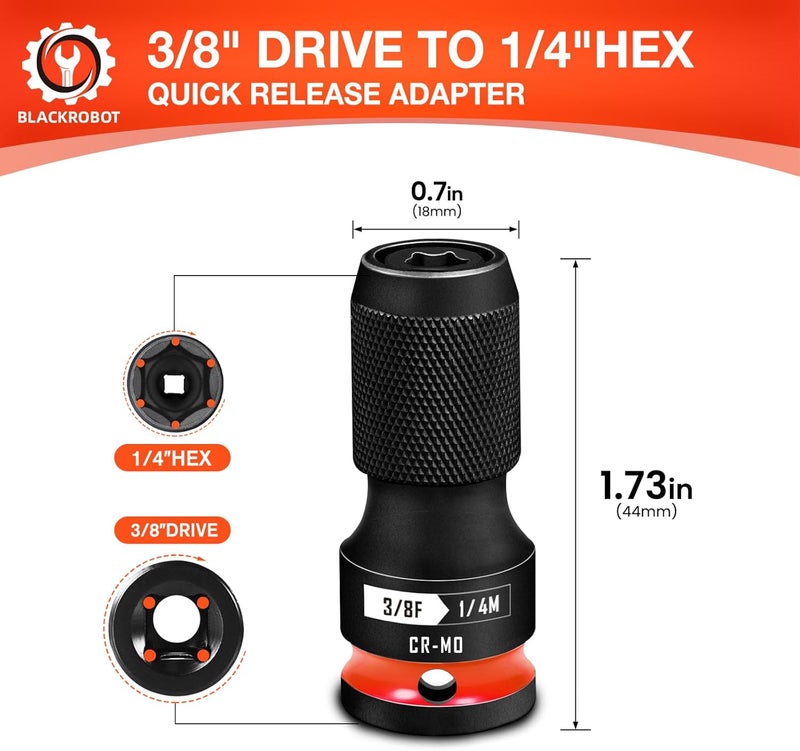 BLACKROBOT Quick Release Impact Bit Holders 3/8-Inch Square Drive to 1/4-Inch Hex Socket Adapter, CR-MO Steel, Red - Image 1